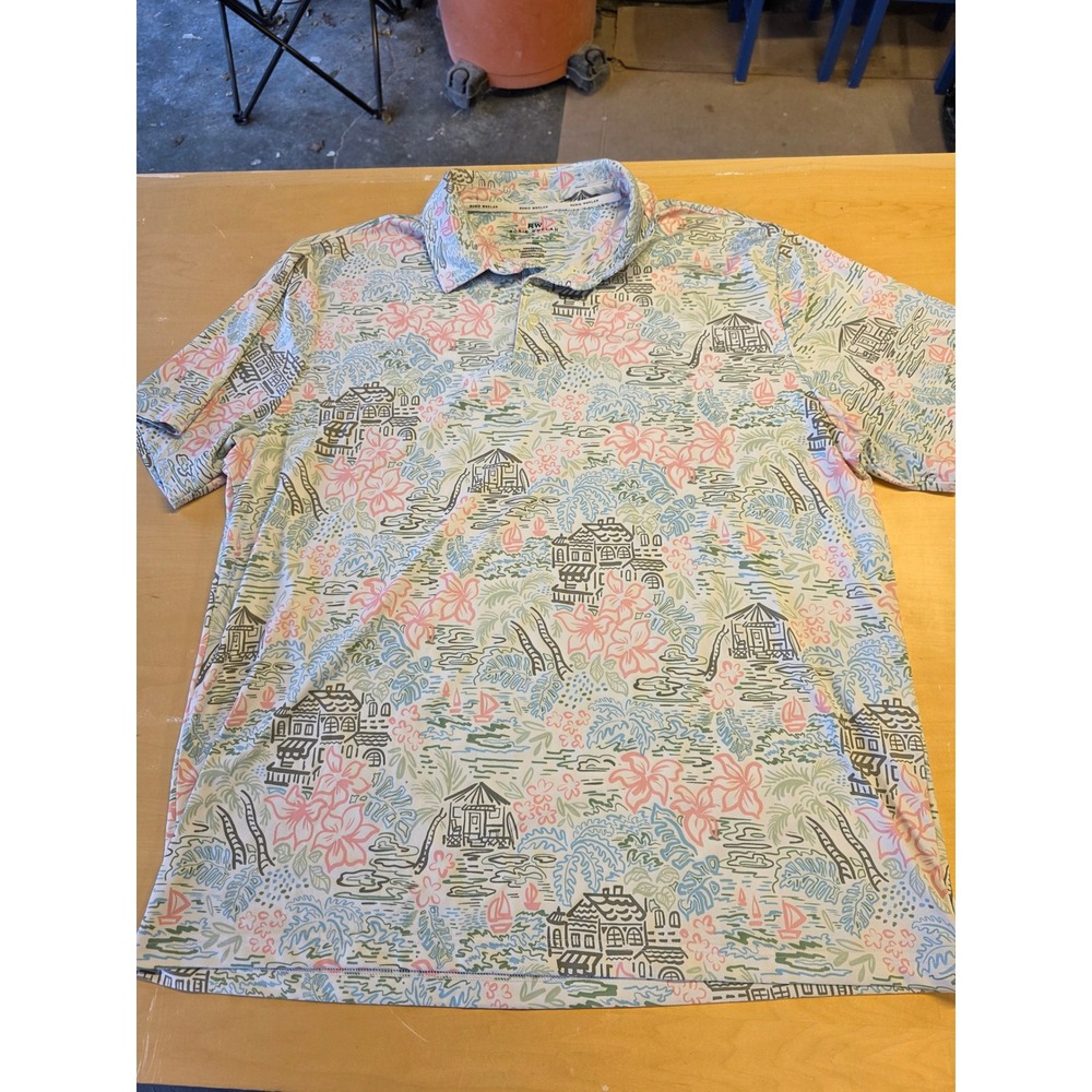 Rorie Whelan Mens XXL Tropical Beach House Print Polo Shirt Short Sleeve Pastel
